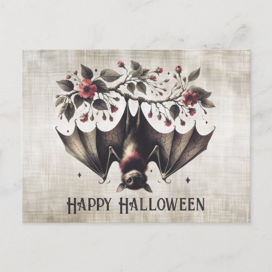 Carte Postale Fleurs roses Halloween Chauve-souris maléfique Feu (Devant)