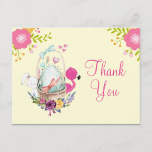 Carte Postale Fleurs roses, Oeuf, Flamant rose & Bunny Party Mer