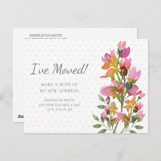 Carte Postale Fleurs roses pois changement d'adresse (Devant / Derrière)