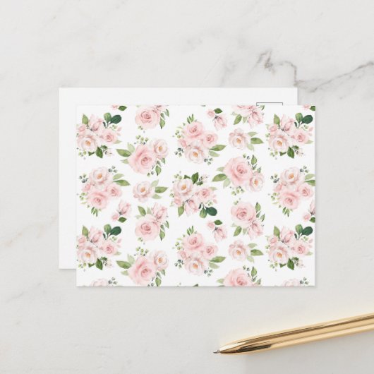 Carte Postale Fleurs roses, roses roses, fleurs aquarelle (Devant/Arrière en situation)