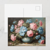 Carte Postale Fleurs roses victoriennes, fleurs bleues dans un v (Devant / Derrière)
