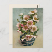 Carte Postale Fleurs roses vintages dans Vase Bleu (Devant / Derrière)