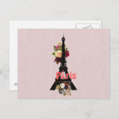 Carte Postale Fleurs roses vintages Paris Tour Eiffel (Devant / Derrière)