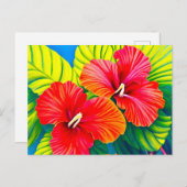 Carte Postale Fleurs rouges d'hibiscus hawaïen avec feuilles ver (Devant / Derrière)