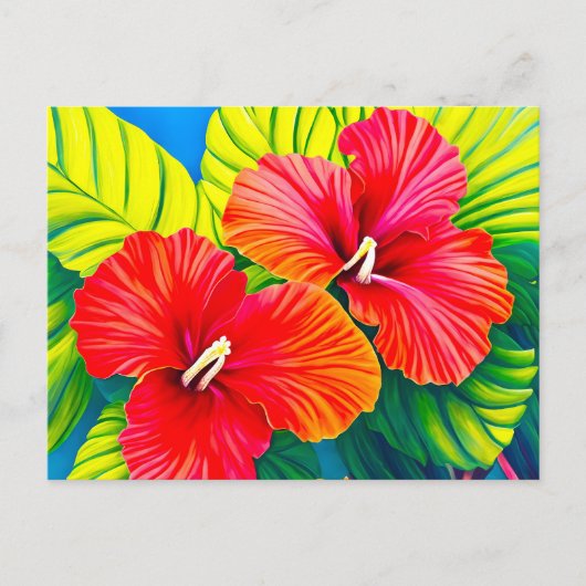Carte Postale Fleurs rouges d'hibiscus hawaïen avec feuilles ver (Devant)