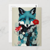 Carte Postale Fleurs rouges et blanches Renard bleu (Devant / Derrière)