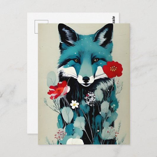 Carte Postale Fleurs rouges et blanches Renard bleu (Devant / Derrière)