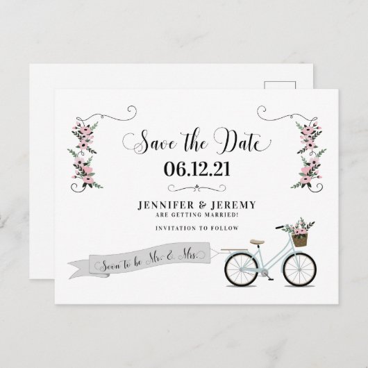 Carte Postale Fleurs rustiques et mariage à vélo Enregistrer la  (Devant / Derrière)