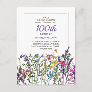 Carte Postale Fleurs sauvages aquarelles rose violet 100e annive