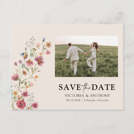 Carte Postale Fleurs sauvages Boho Enregistrez la date avec cart (Devant)