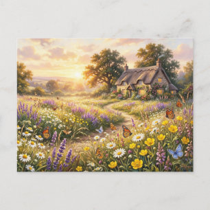 Carte Postale Fleurs sauvages et une mignonne maisonnette