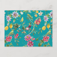 Fleurs tropicales, fruits et oiseaux Turquoises