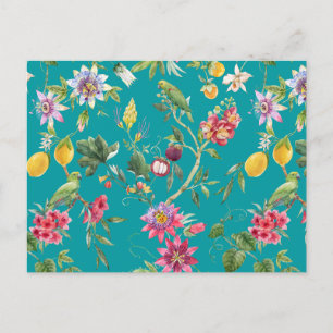 Carte Postale Fleurs tropicales, fruits et oiseaux Turquoises
