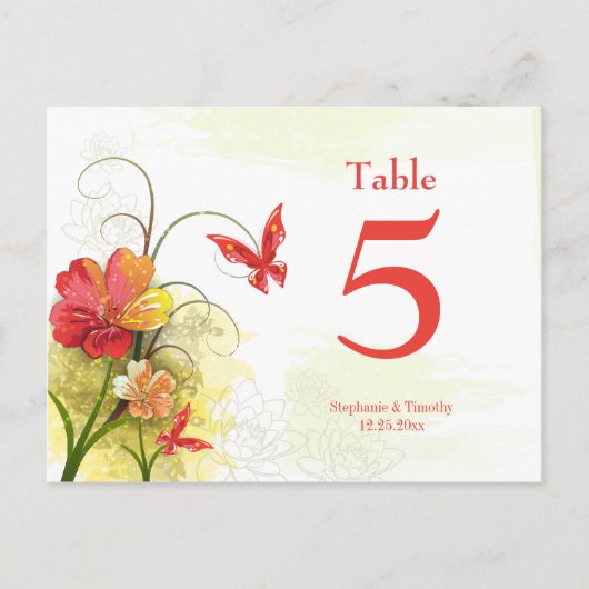 Carte Postale Fleurs vert rouge + mariage papillon (Devant)