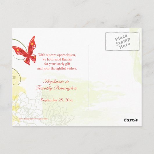 Carte Postale Fleurs vert rouge + papillon mariage merci (Dos)