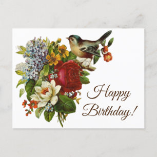 Carte Postale Fleurs Vintages vibrantes et oiseaux Joyeux annive
