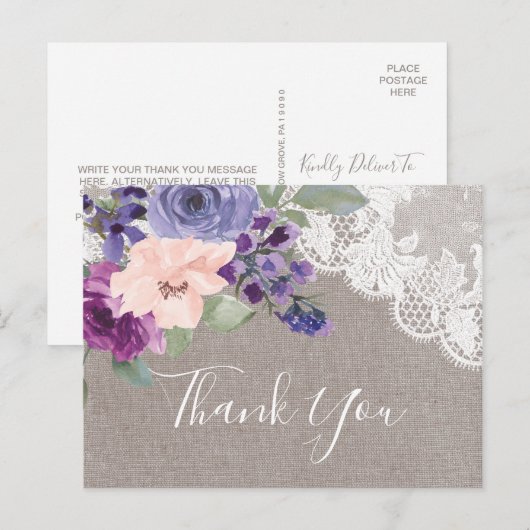 Carte Postale Fleurs violettes et Merci dentelle (Devant / Derrière)