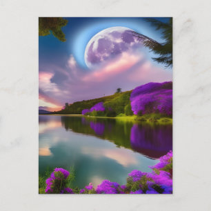 Carte Postale Fleurs violettes Lune et reflet du lac