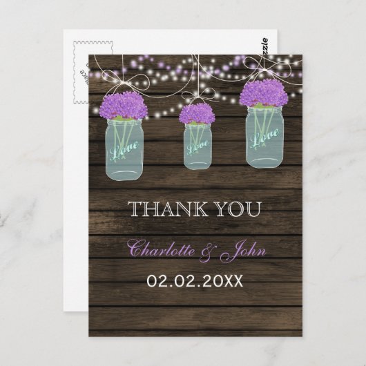 Carte Postale Fleurs violettes Mason Jars Grange Mariage en bois (Devant / Derrière)