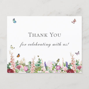 Carte Postale Fleurs violettes roses avec Merci de papillons