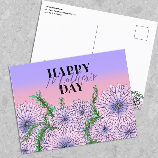 Carte Postale Fleurs violettes roses et Fête des mères Feuilles 