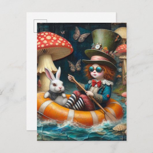 Carte Postale Float Trip Alice White Rabbit collage encaustique (Devant / Derrière)