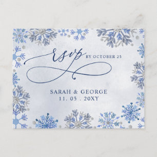 Carte Postale Flocons de Neige Bleu Argent Réponse Mariage d'Hiv