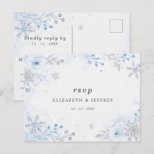 Carte Postale Flocons de neige bleus argentés Floral Mariage d'h