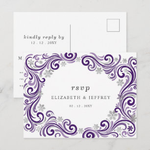 Carte Postale Flocons de neige violet argenté RSVP mariage d'hiv