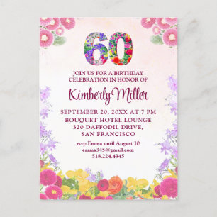 Carte Postale Floral 60e Anniversaire Invitation, Élégant 60 Ans