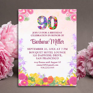 Carte Postale Floral 90e Anniversaire Invitation, Élégant 90 Ans