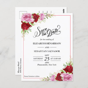 Carte Postale Floral Aquarelle Rose Mariage Enregistrer La Date