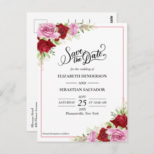 Carte Postale Floral Aquarelle Rose Mariage Enregistrer La Date (Devant / Derrière)