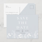 Carte Postale Floral blanc bleu foncé moderne Sauvez la date (Devant / Derrière)