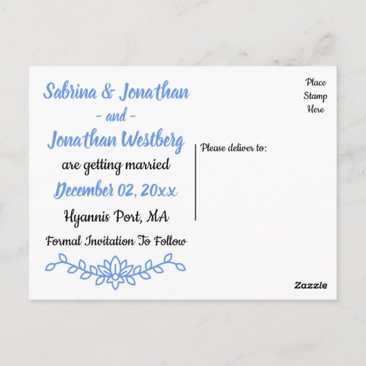 Carte Postale Floral Bleu Enregistrer le Fiançailles Mariage Dat (Dos)