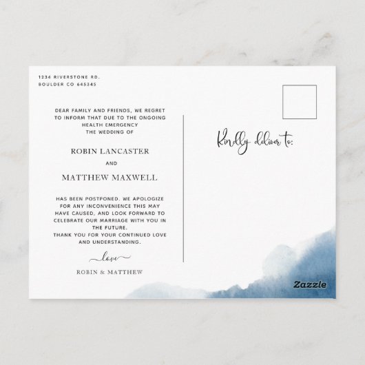 Carte Postale Floral bleu, Mariage de report Faire-part (Dos)