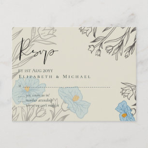 Carte Postale Floral bleu moderne Mariage Abstrait RSVP