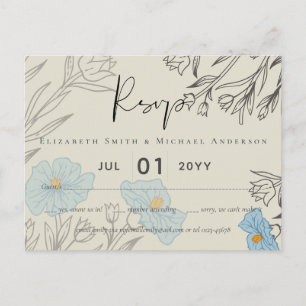 Carte Postale Floral bleu moderne Mariage Abstrait RSVP