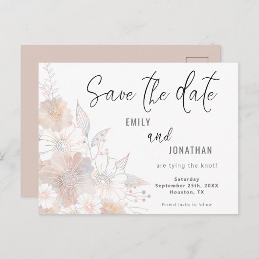 Carte Postale Floral Blush Pêche Gris Mariage Enregistrer La Dat (Devant / Derrière)