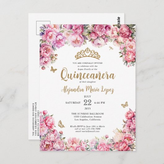 Carte Postale Floral Blush rose or Parties scintillant Tiara Qui (Devant / Derrière)