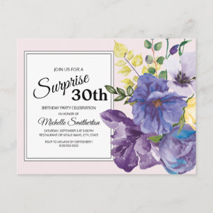 Carte Postale Floral d'aquarelle violette sur rose 30e anniversa