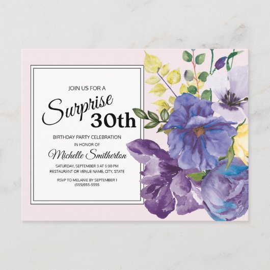 Carte Postale Floral d'aquarelle violette sur rose 30e anniversa (Devant)