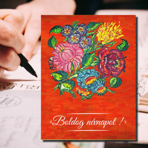 Carte Postale Floral hongrois en rouge - Nom Jour