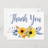 Carte Postale Floral Merci bleu Aquarelle jaune Fleurs (Devant / Derrière)