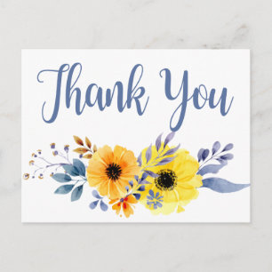 Carte Postale Floral Merci bleu Aquarelle jaune Fleurs