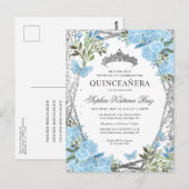 Carte Postale Floral moderne Dusty Bleu Argent Tiara Quinceañera (Devant / Derrière)