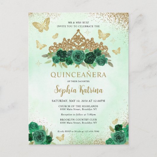 Carte Postale Floral moderne Emerald Vert Or Tiara Quinceañera (Devant)