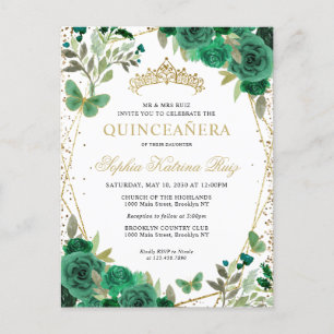 Carte Postale Floral moderne Emerald Vert Or Tiara Quinceañera