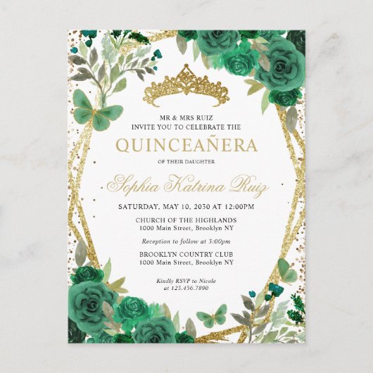 Carte Postale Floral moderne Emerald Vert Or Tiara Quinceañera (Devant)