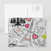 Carte Postale Floral Paris Eiffel Tour noir rose et gris (Devant / Derrière)